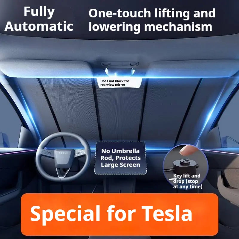 Exclusive Tesla Sunshade - Auto One-Touch Retractable Windshield Cover, OBD-Powered UV Block Heat Insulation (Patented)