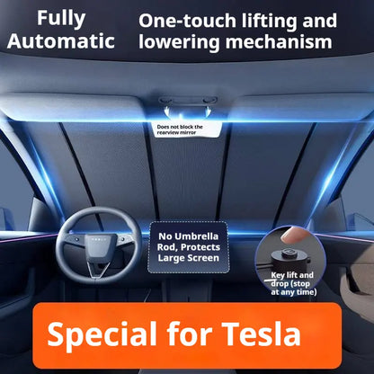 Exclusive Tesla Sunshade - Auto One-Touch Retractable Windshield Cover, OBD-Powered UV Block Heat Insulation (Patented)