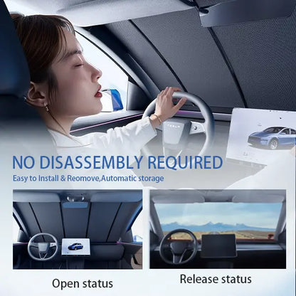 Exclusive Tesla Sunshade - Auto One-Touch Retractable Windshield Cover, OBD-Powered UV Block Heat Insulation (Patented)