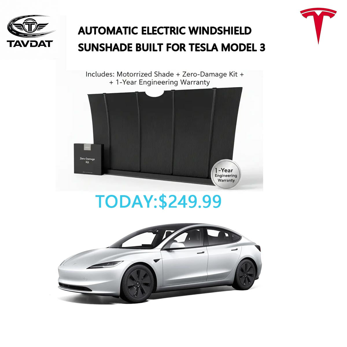 Model 3 Motorized Windshield Sunshade TAVDAT™